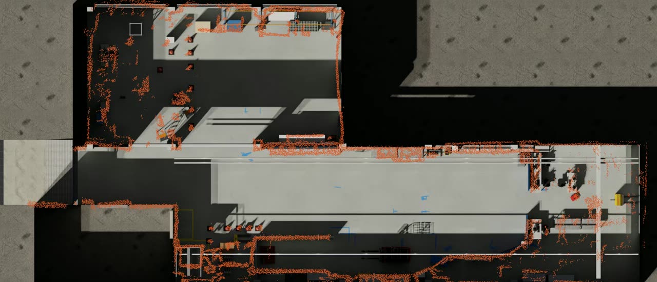 Top view of the warehouse twin with the AMR map points overlaid in orange