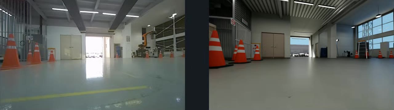 Left: real forklift front camera. Right: the twin rendered from the same pose and field of view